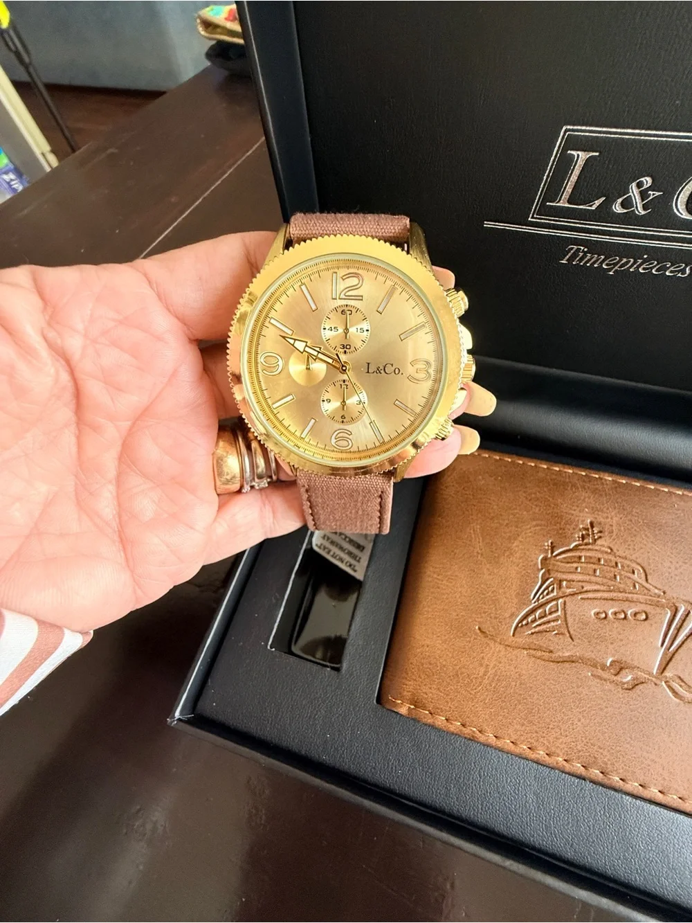 L&Co. Timepieces NIB Gold Watch & Vegan embossed Leather Wallet Gift Set $39